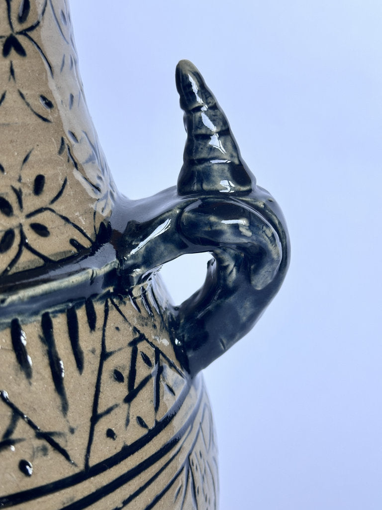 Vintage Tsuboya Ware Vase, Okinawan Fish Motif Ceramic, Horn Handle Pottery