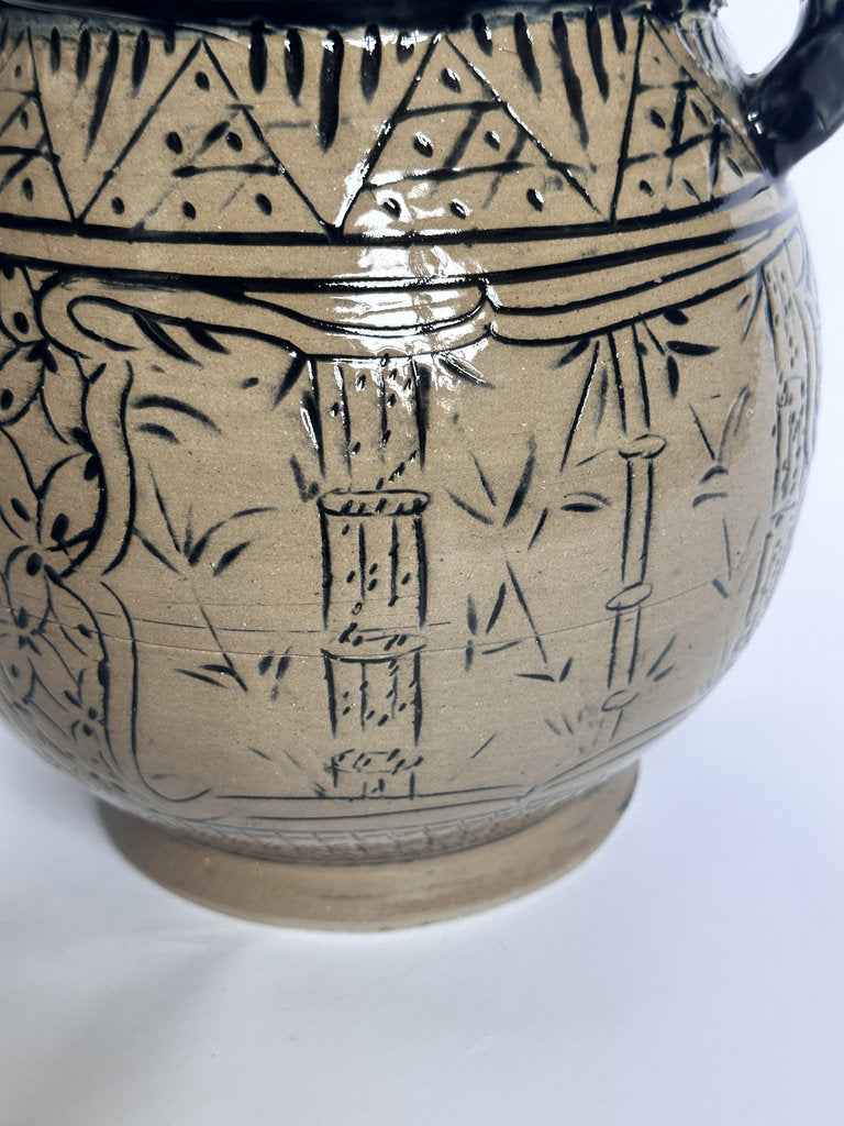 Vintage Tsuboya Ware Vase, Okinawan Fish Motif Ceramic, Horn Handle Pottery