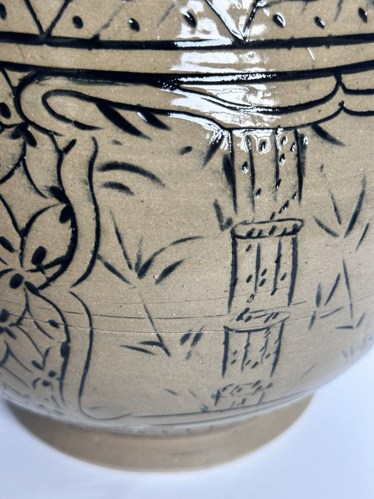 Vintage Tsuboya Ware Vase, Okinawan Fish Motif Ceramic, Horn Handle Pottery