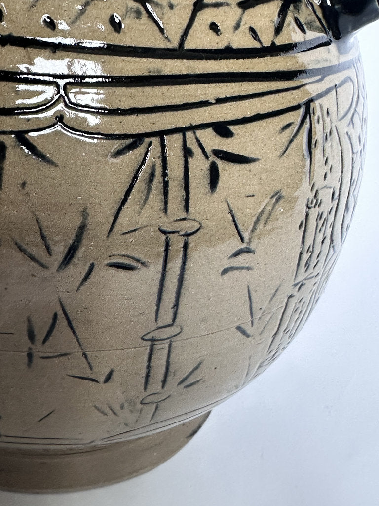 Vintage Tsuboya Ware Vase, Okinawan Fish Motif Ceramic, Horn Handle Pottery