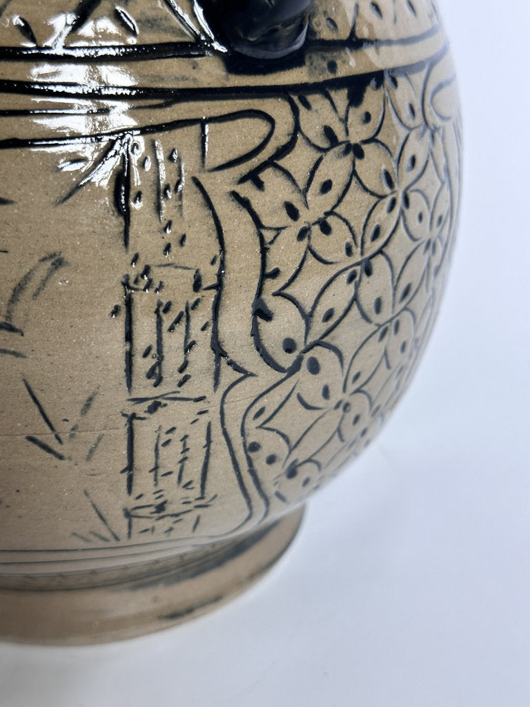 Vintage Tsuboya Ware Vase, Okinawan Fish Motif Ceramic, Horn Handle Pottery