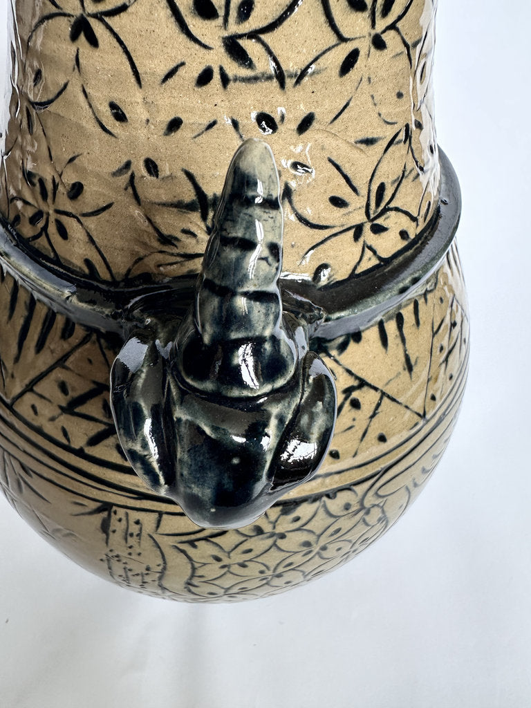 Vintage Tsuboya Ware Vase, Okinawan Fish Motif Ceramic, Horn Handle Pottery