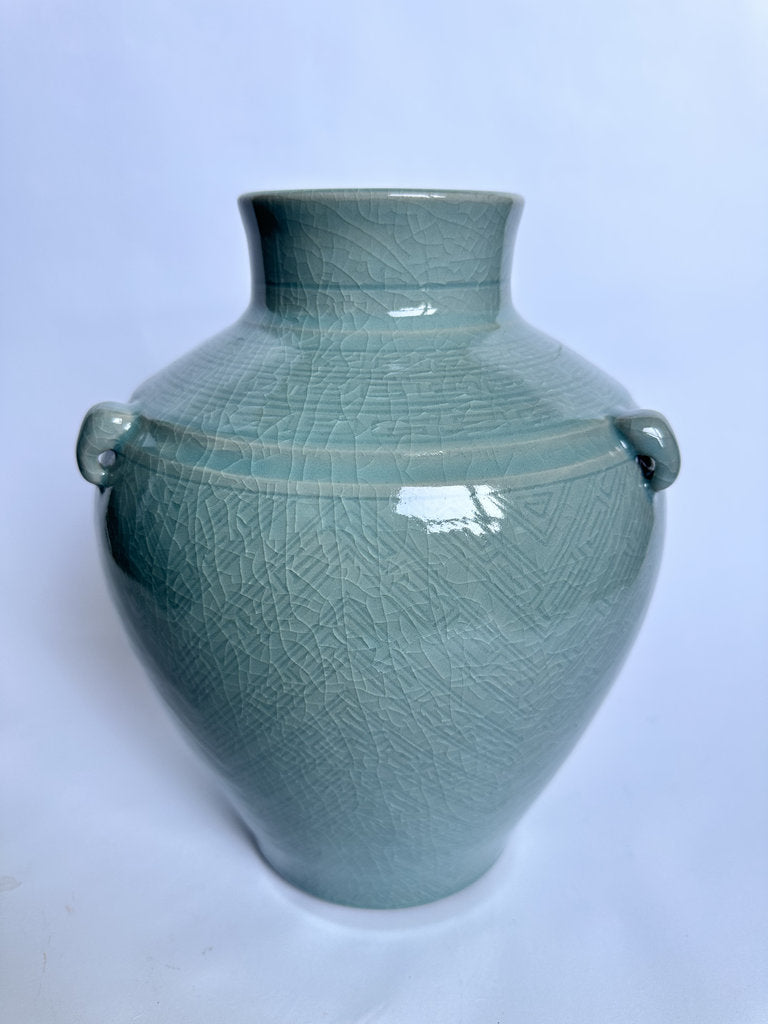 Vintage Japanese Seiji Celadon Vase, Crackle Glaze Ring Handle Ceramic