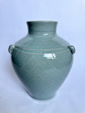 Vintage Japanese Seiji Celadon Vase, Crackle Glaze Ring Handle Ceramic