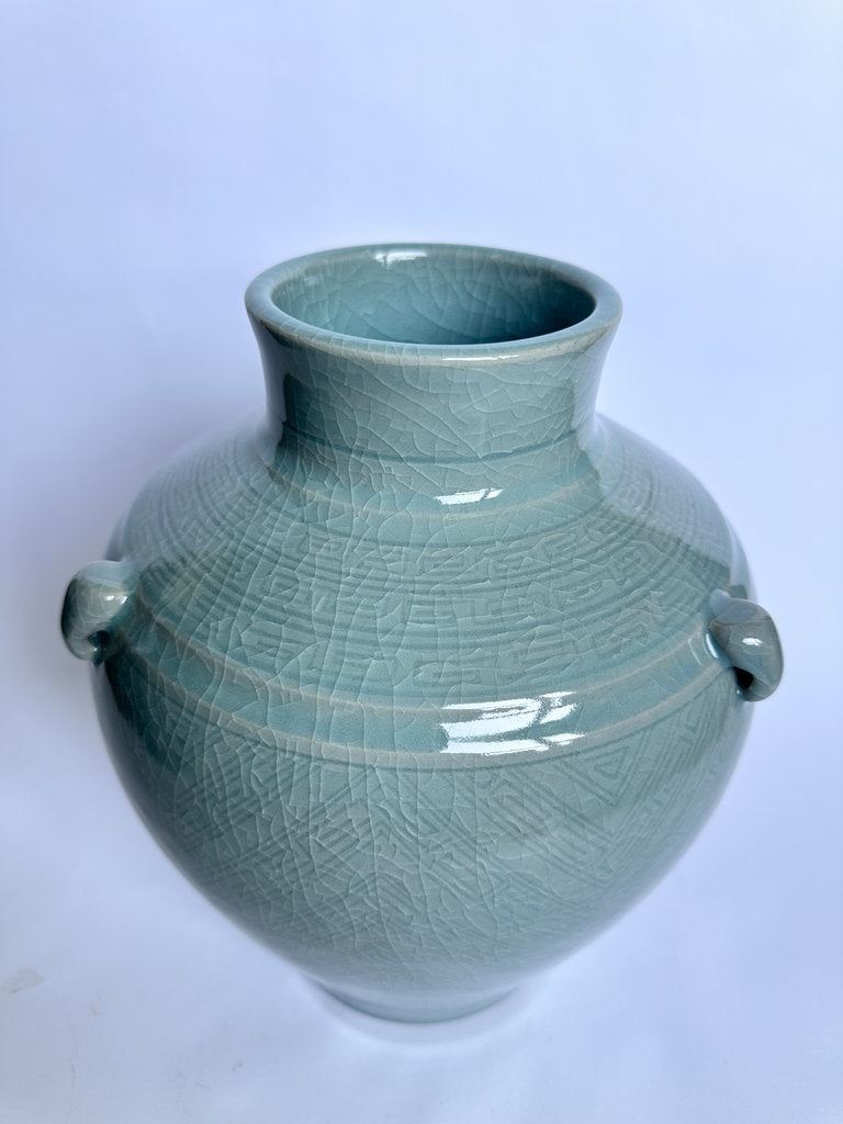 Vintage Japanese Seiji Celadon Vase, Crackle Glaze Ring Handle Ceramic