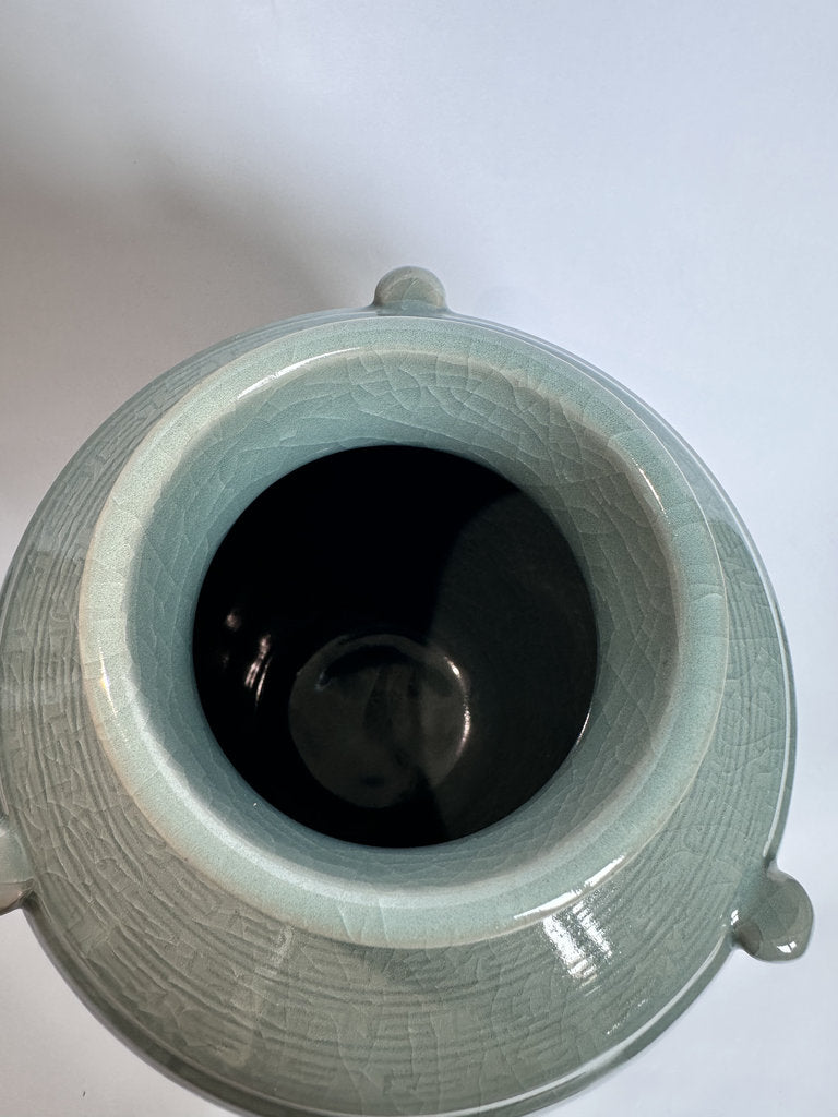 Vintage Japanese Seiji Celadon Vase, Crackle Glaze Ring Handle Ceramic