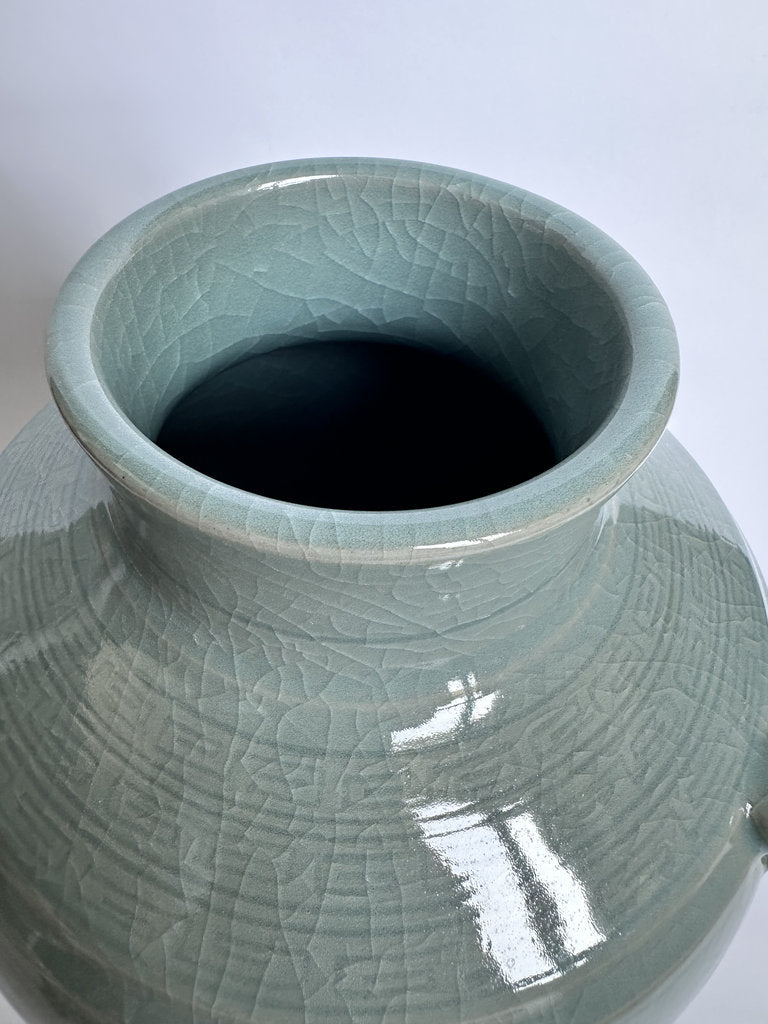 Vintage Japanese Seiji Celadon Vase, Crackle Glaze Ring Handle Ceramic