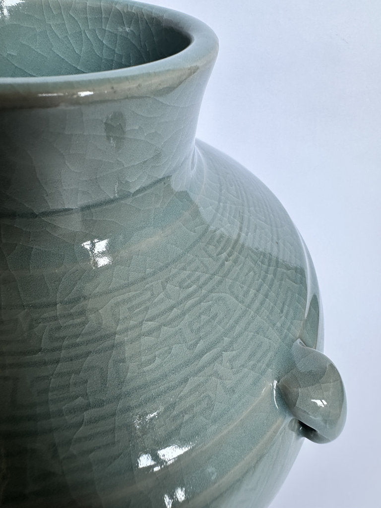 Vintage Japanese Seiji Celadon Vase, Crackle Glaze Ring Handle Ceramic