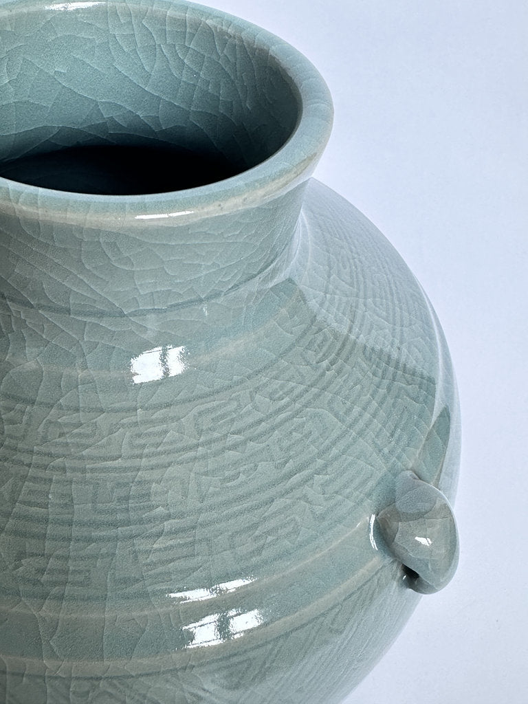 Vintage Japanese Seiji Celadon Vase, Crackle Glaze Ring Handle Ceramic