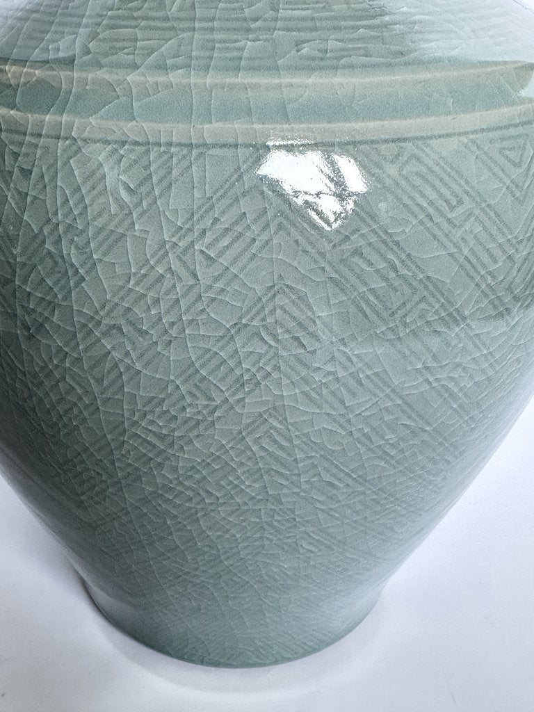 Vintage Japanese Seiji Celadon Vase, Crackle Glaze Ring Handle Ceramic