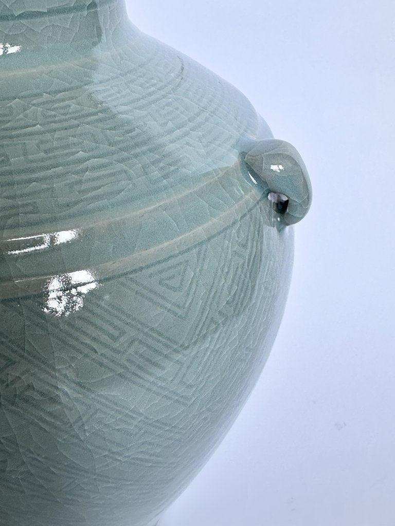 Vintage Japanese Seiji Celadon Vase, Crackle Glaze Ring Handle Ceramic