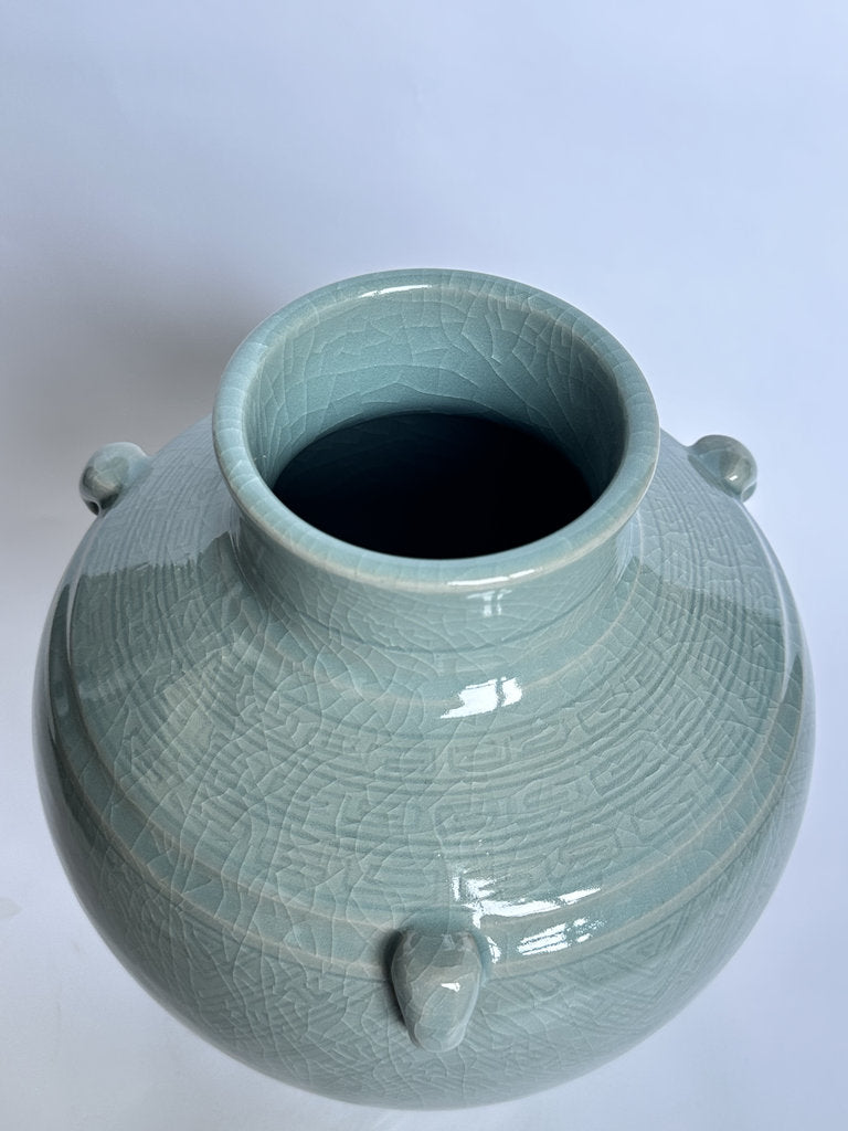 Vintage Japanese Seiji Celadon Vase, Crackle Glaze Ring Handle Ceramic