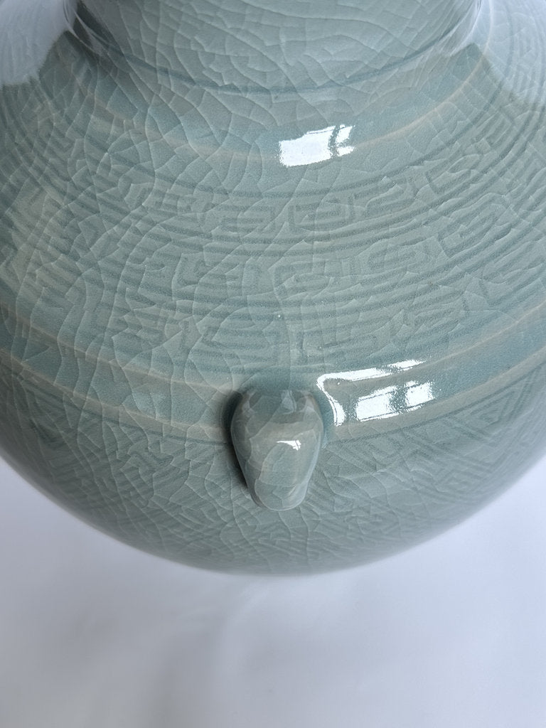 Vintage Japanese Seiji Celadon Vase, Crackle Glaze Ring Handle Ceramic