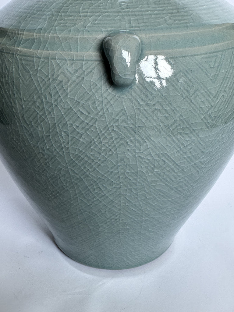 Vintage Japanese Seiji Celadon Vase, Crackle Glaze Ring Handle Ceramic