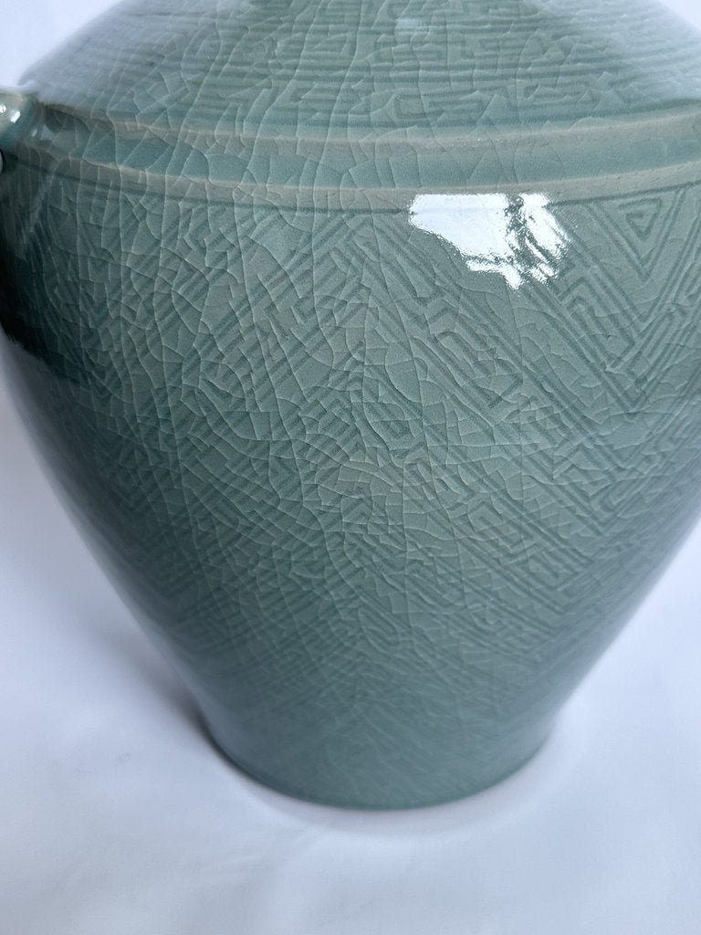 Vintage Japanese Seiji Celadon Vase, Crackle Glaze Ring Handle Ceramic