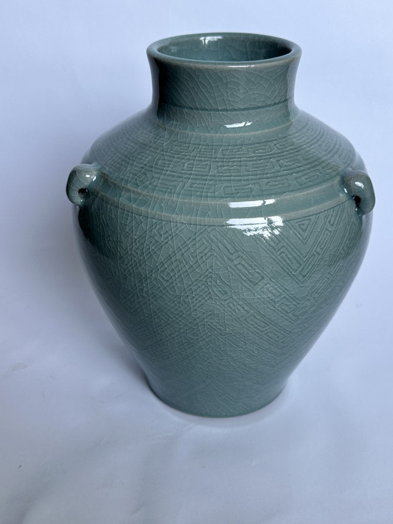 Vintage Japanese Seiji Celadon Vase, Crackle Glaze Ring Handle Ceramic