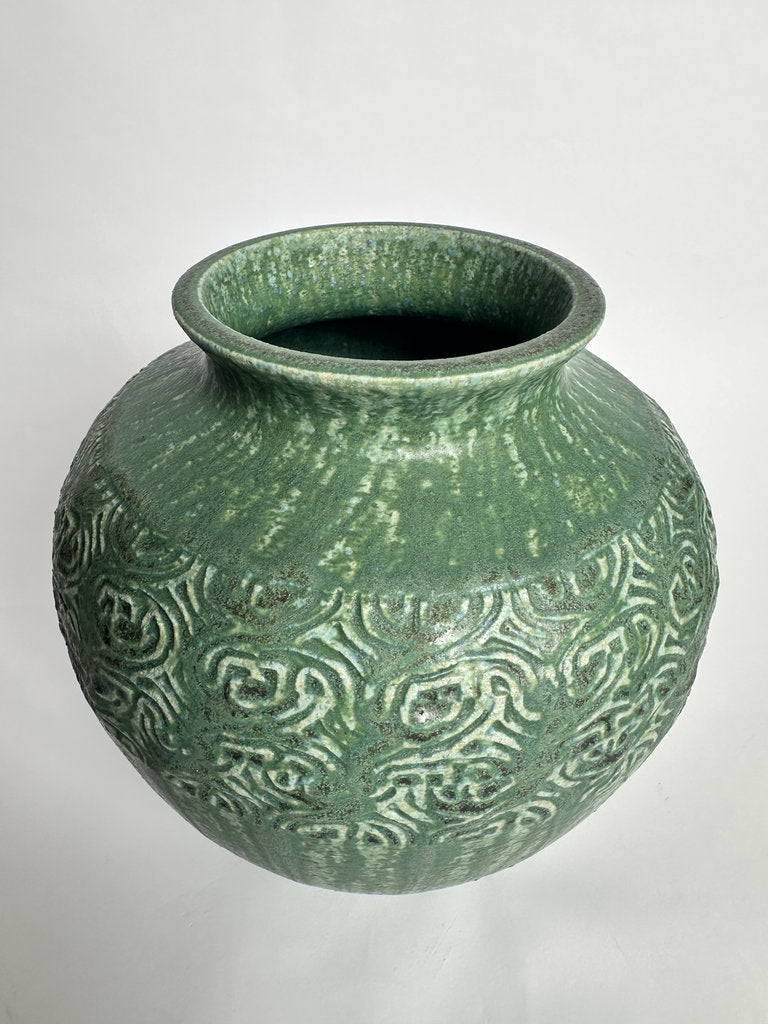 Vintage Japanese Stoneware Vase, Moss Green Relief Karakusa Glaze