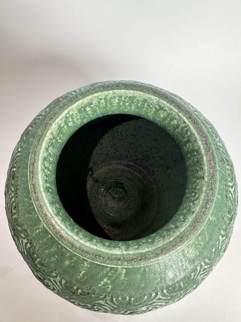 Vintage Japanese Stoneware Vase, Moss Green Relief Karakusa Glaze
