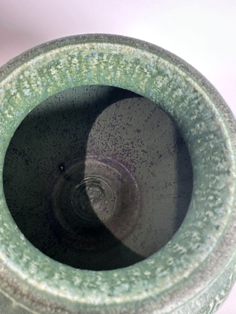 Vintage Japanese Stoneware Vase, Moss Green Relief Karakusa Glaze