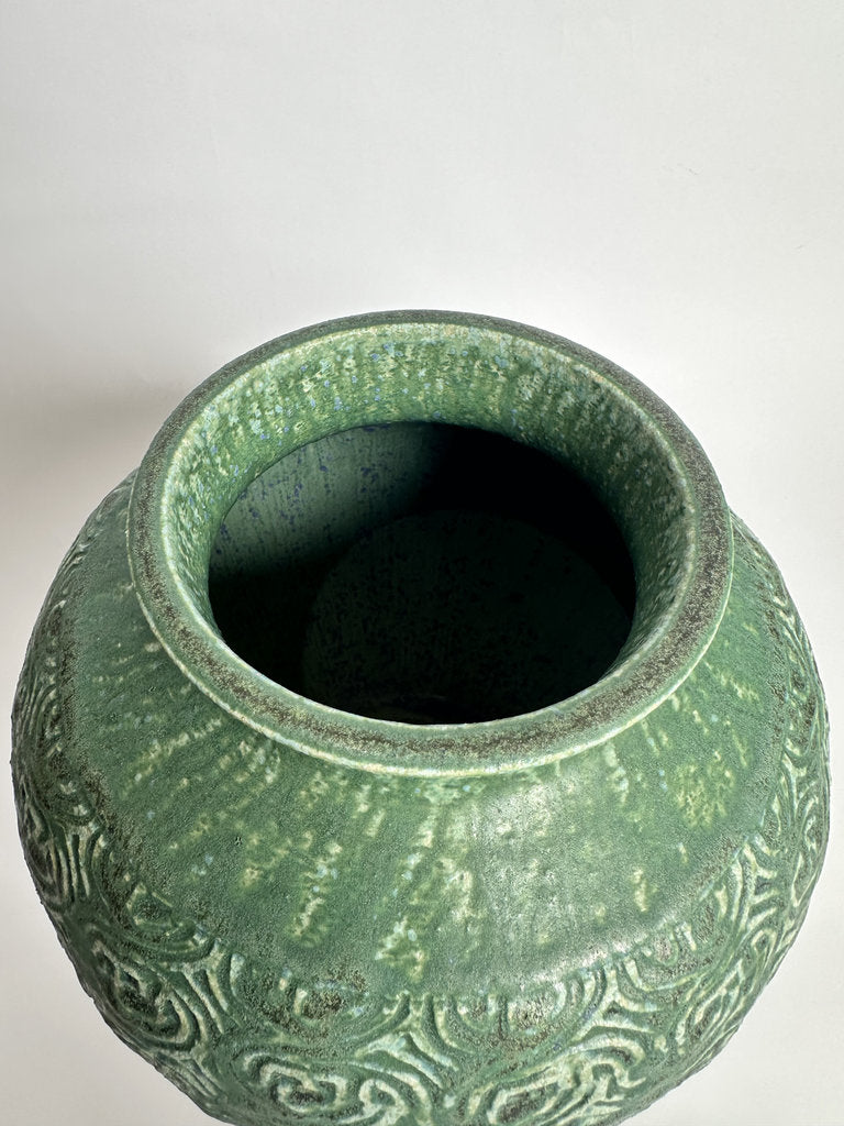 Vintage Japanese Stoneware Vase, Moss Green Relief Karakusa Glaze