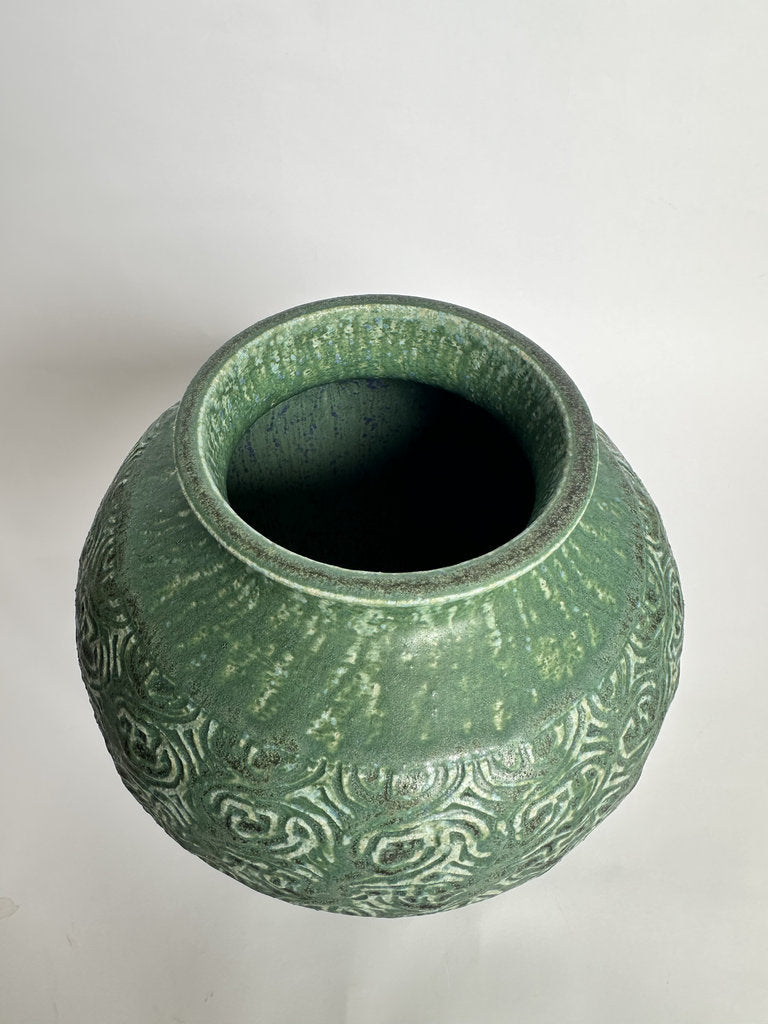 Vintage Japanese Stoneware Vase, Moss Green Relief Karakusa Glaze