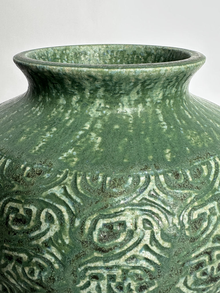 Vintage Japanese Stoneware Vase, Moss Green Relief Karakusa Glaze