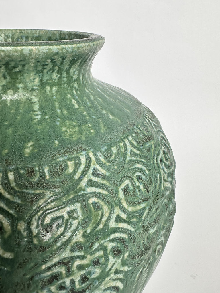 Vintage Japanese Stoneware Vase, Moss Green Relief Karakusa Glaze