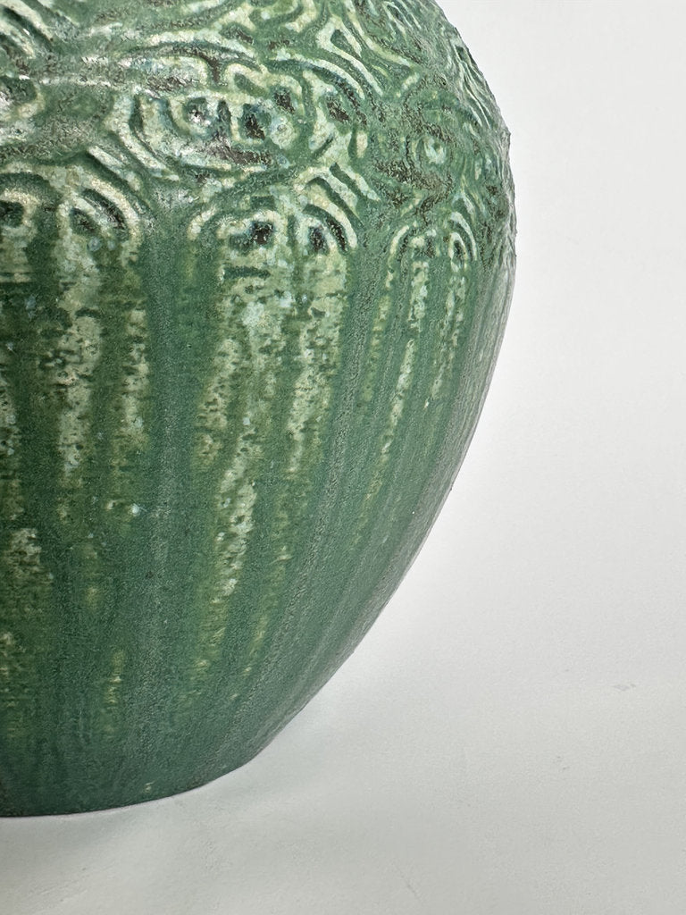 Vintage Japanese Stoneware Vase, Moss Green Relief Karakusa Glaze