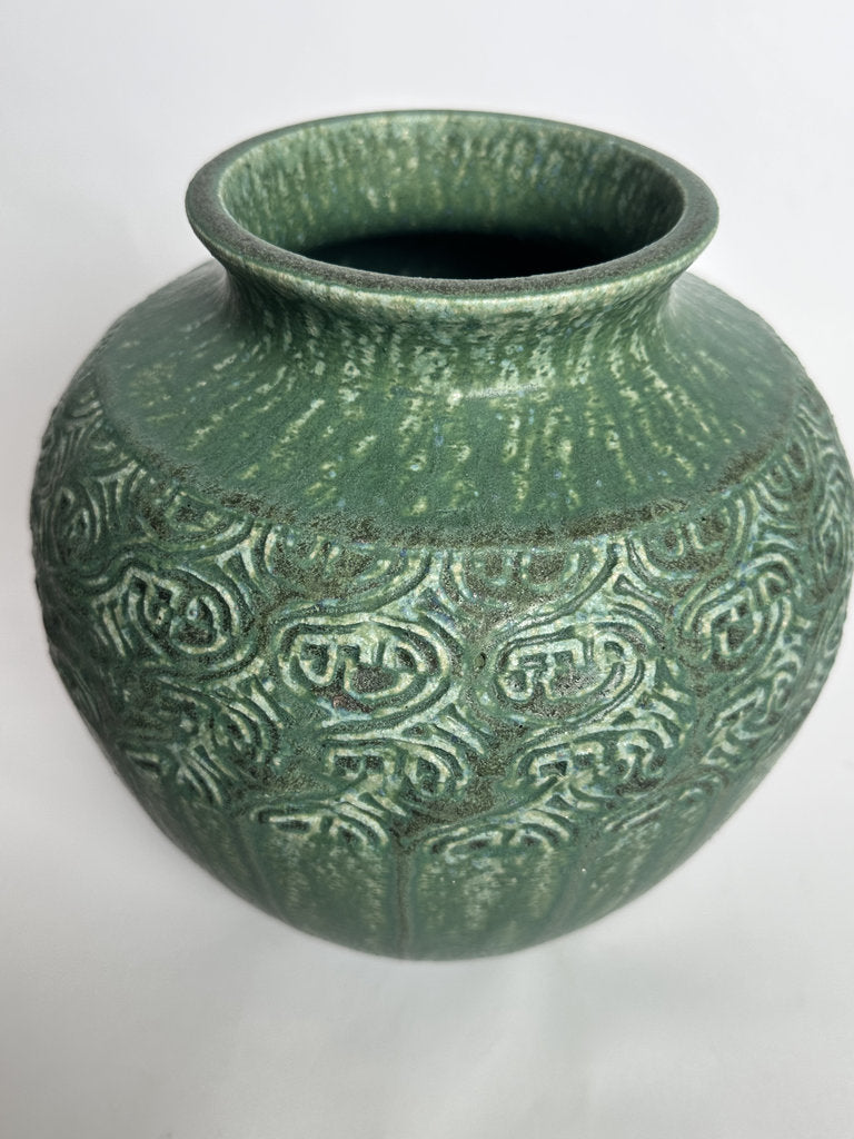 Vintage Japanese Stoneware Vase, Moss Green Relief Karakusa Glaze