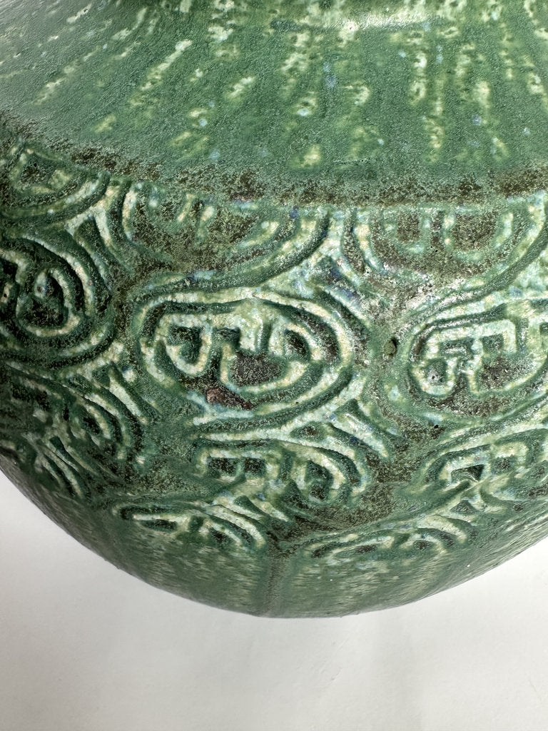 Vintage Japanese Stoneware Vase, Moss Green Relief Karakusa Glaze