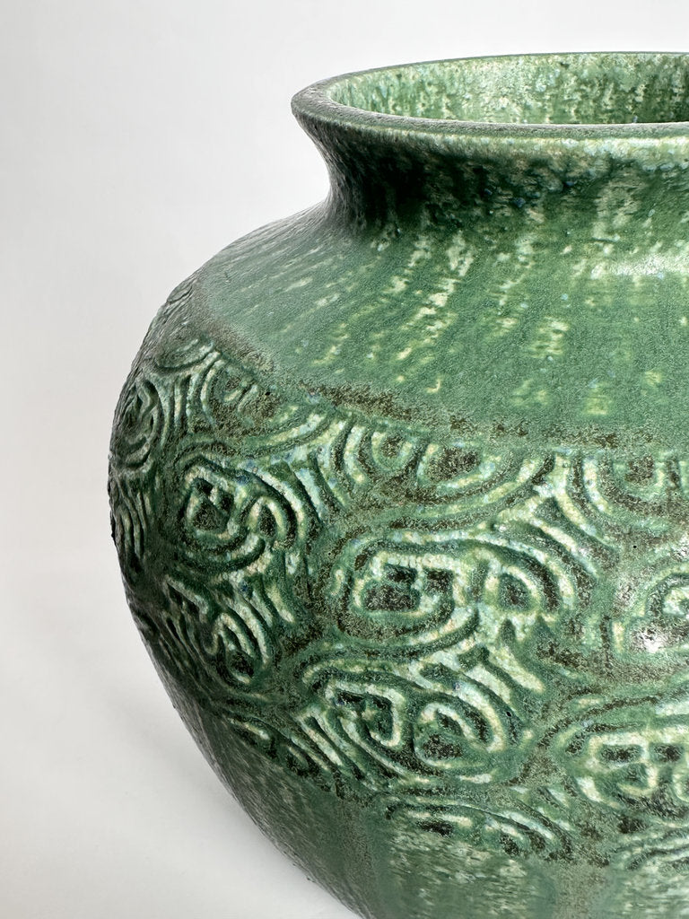 Vintage Japanese Stoneware Vase, Moss Green Relief Karakusa Glaze
