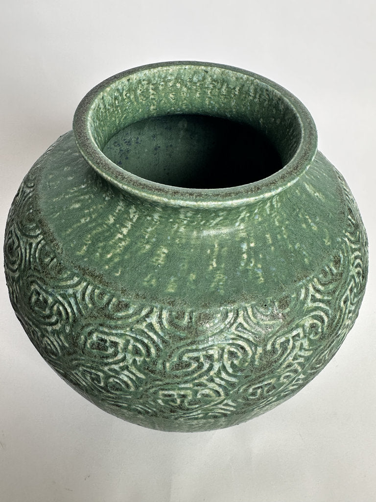 Vintage Japanese Stoneware Vase, Moss Green Relief Karakusa Glaze