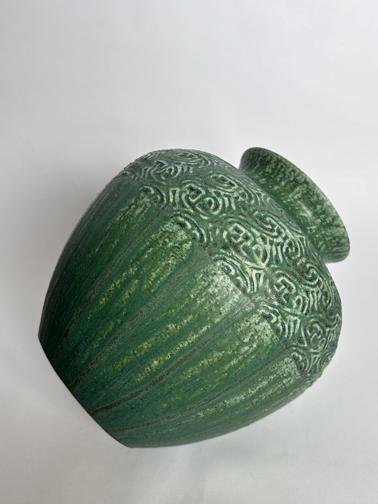 Vintage Japanese Stoneware Vase, Moss Green Relief Karakusa Glaze