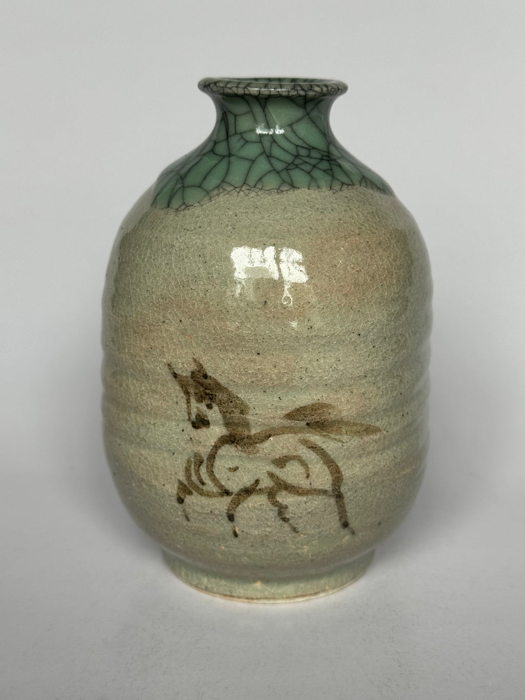 Vintage Soma Yaki Horse Vase with Original Tomobako – Crackle Glaze Japanese Pottery