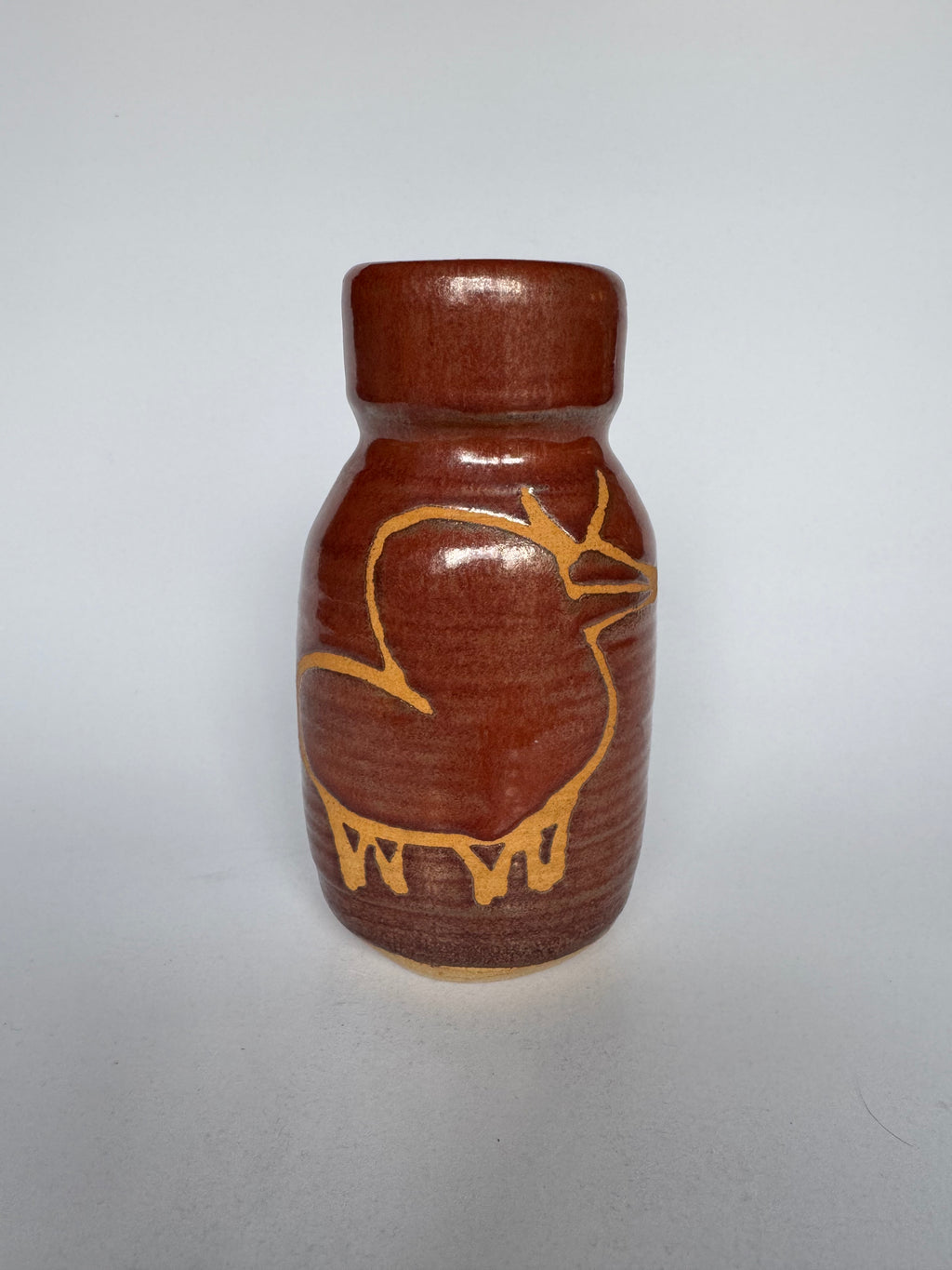 Small Japanese Rustic Ceramic Vase – Handmade Horse Motif Brown Red Glaze