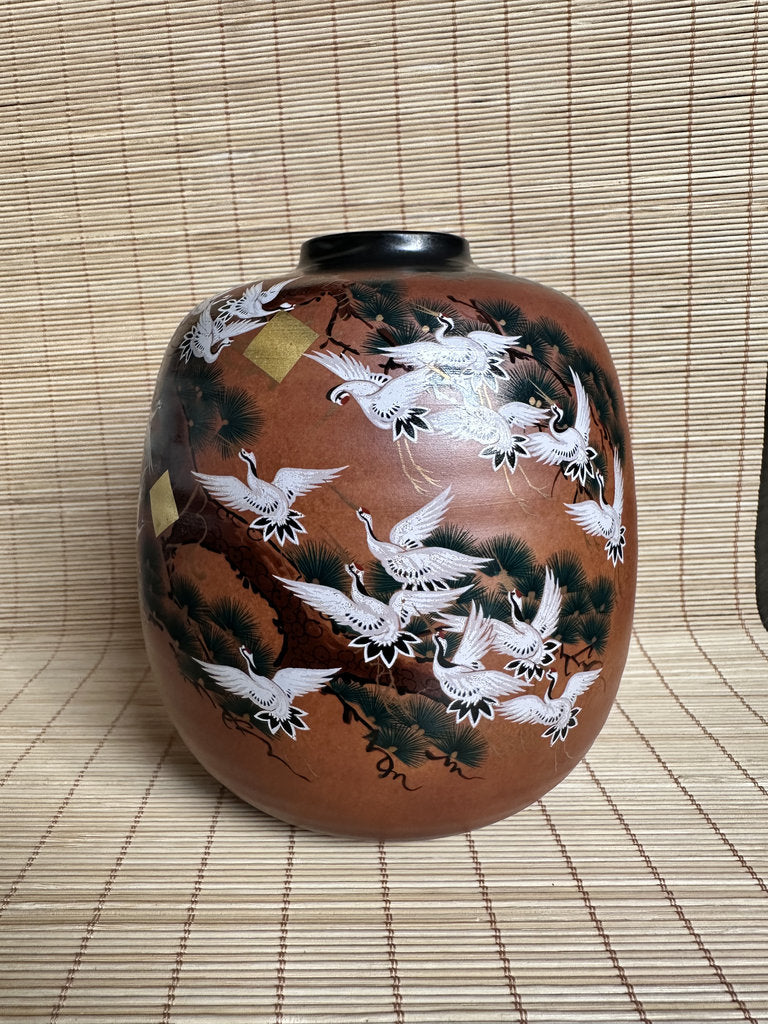 Vintage Kutani Vase, Japanese Crane and Pine Design, Gold Accent Ceramic