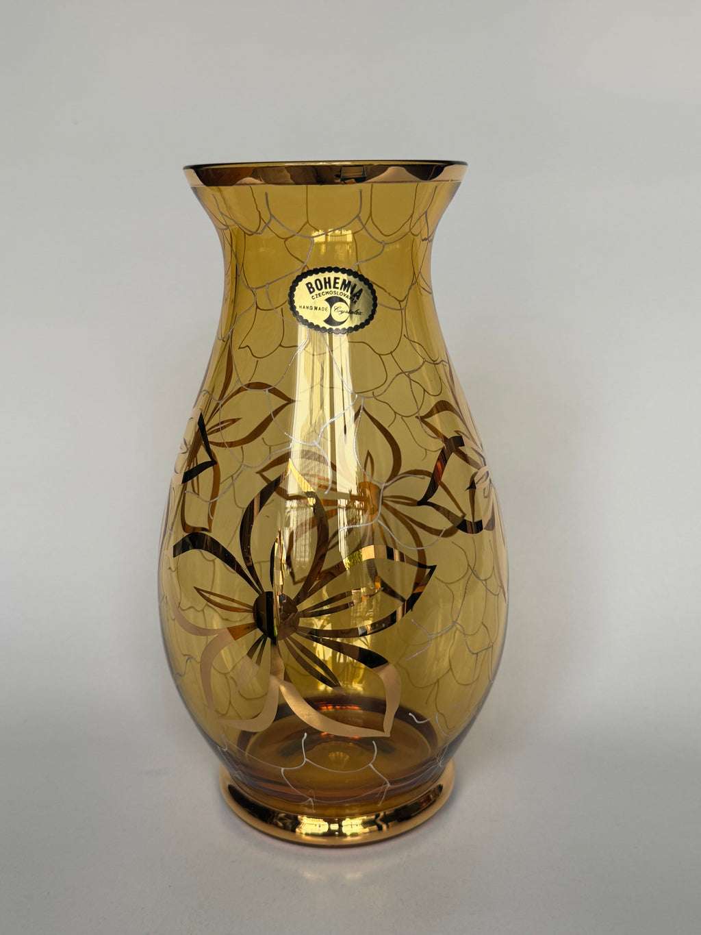 Bohemia Small Decorative Glass Vase – Czech Floral Etched Amber Crystal