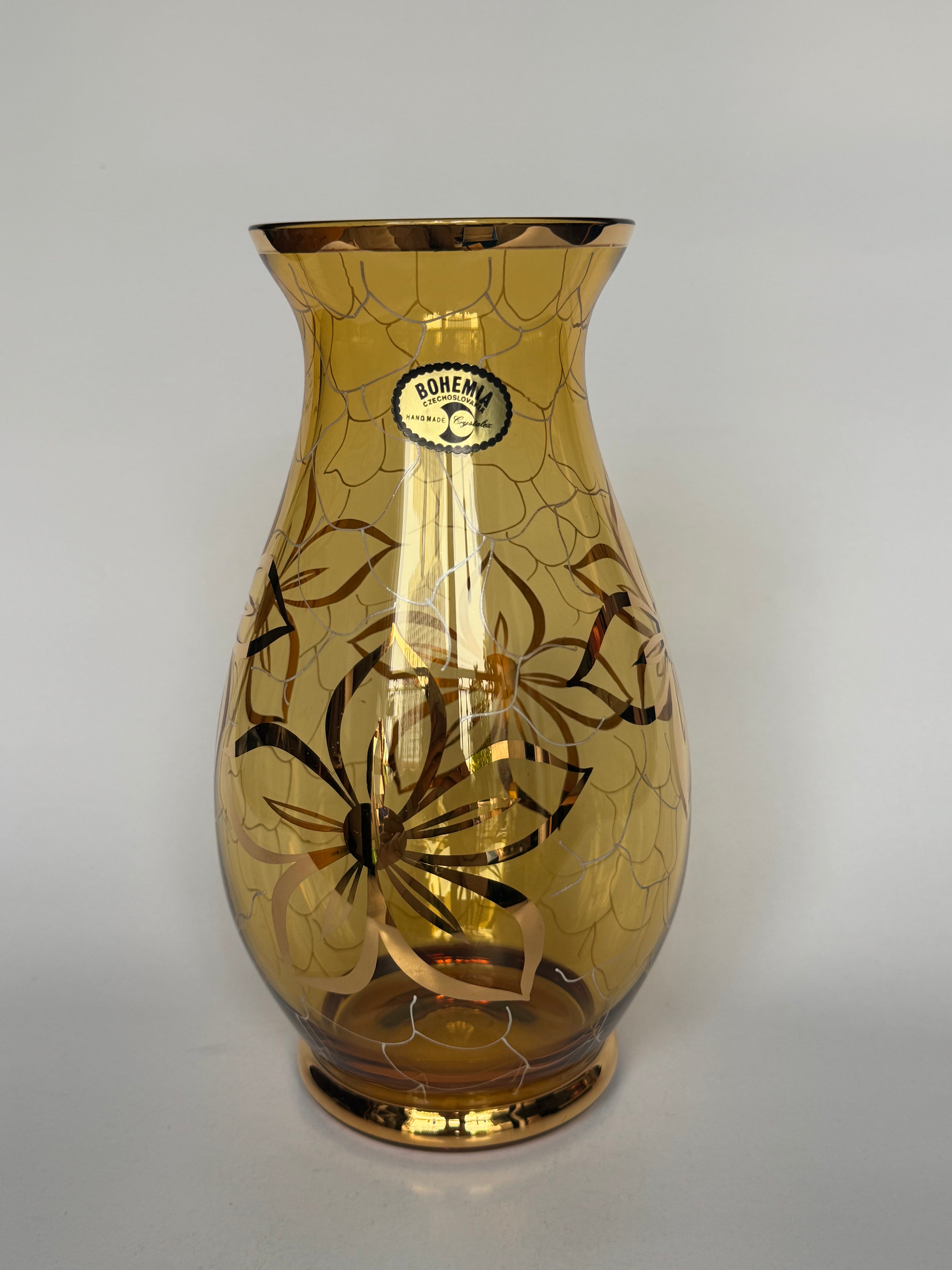 Bohemia Small Decorative Glass Vase – Czech Floral Etched Amber Crystal