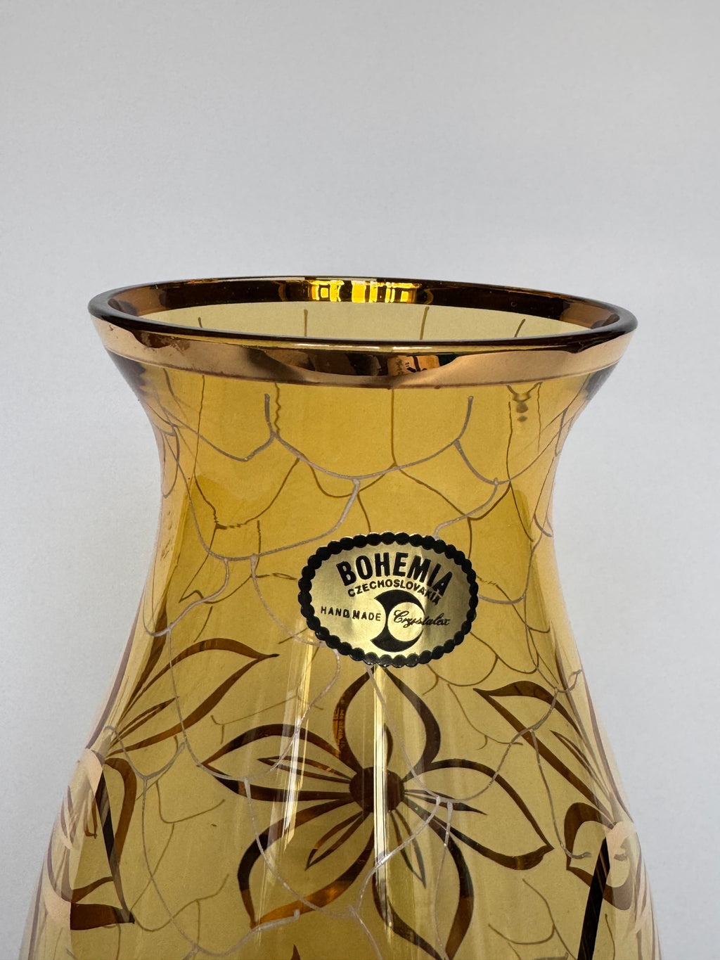 Bohemia Small Decorative Glass Vase – Czech Floral Etched Amber Crystal