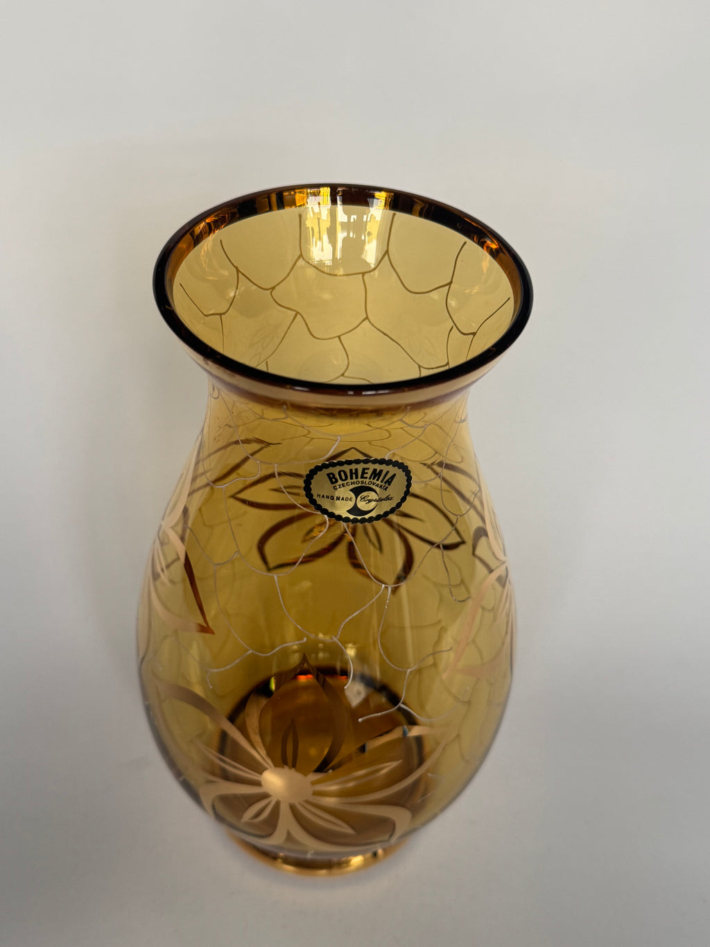 Bohemia Small Decorative Glass Vase – Czech Floral Etched Amber Crystal