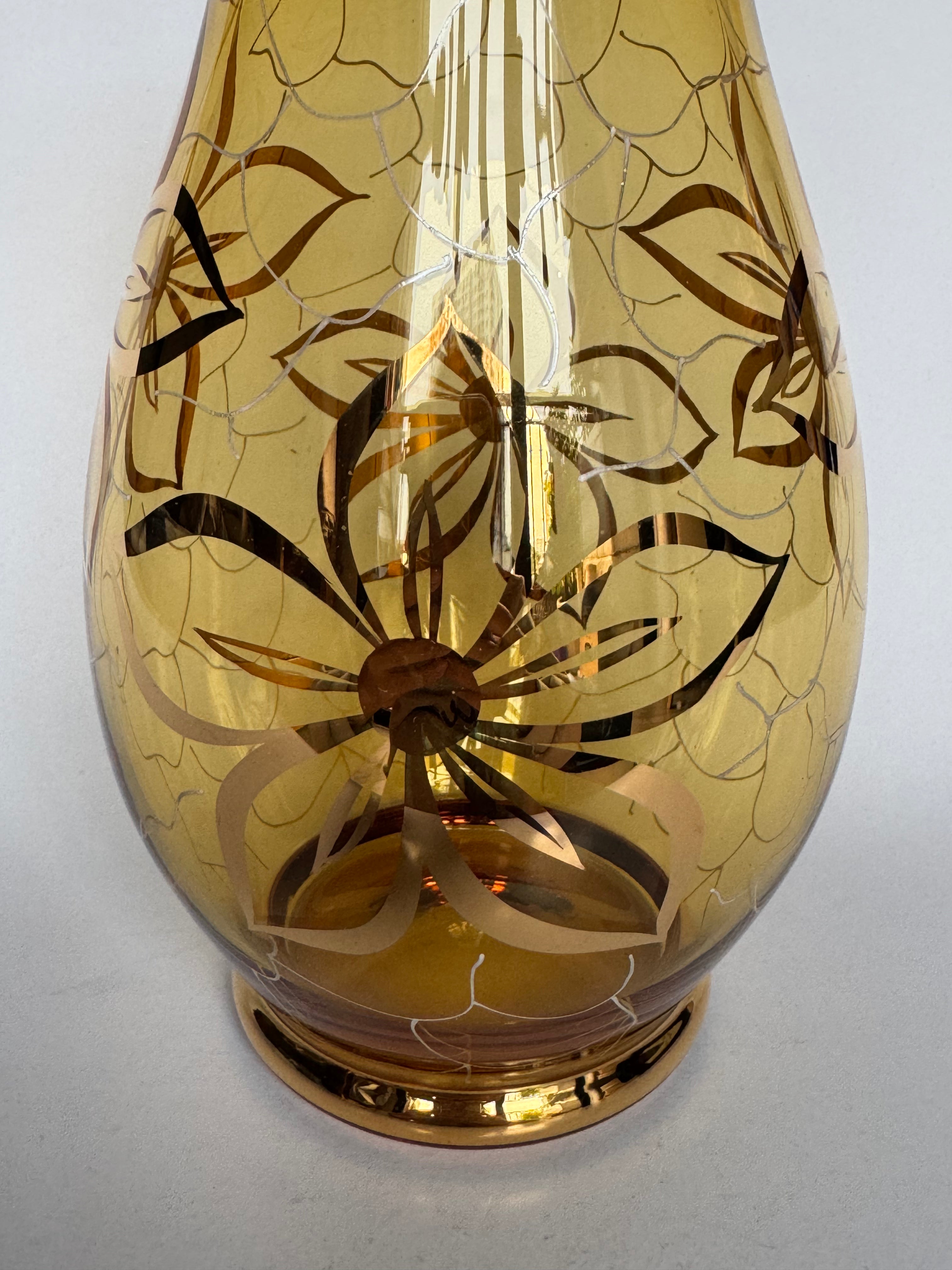 Bohemia Small Decorative Glass Vase – Czech Floral Etched Amber Crystal