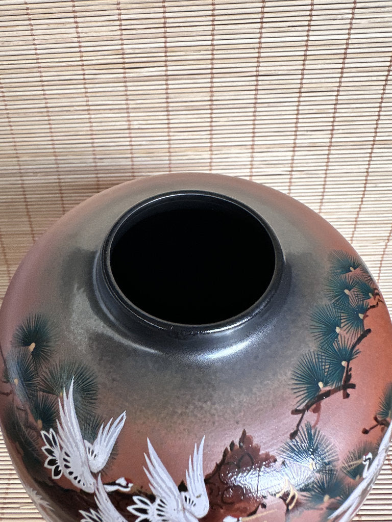 Vintage Kutani Vase, Japanese Crane and Pine Design, Gold Accent Ceramic