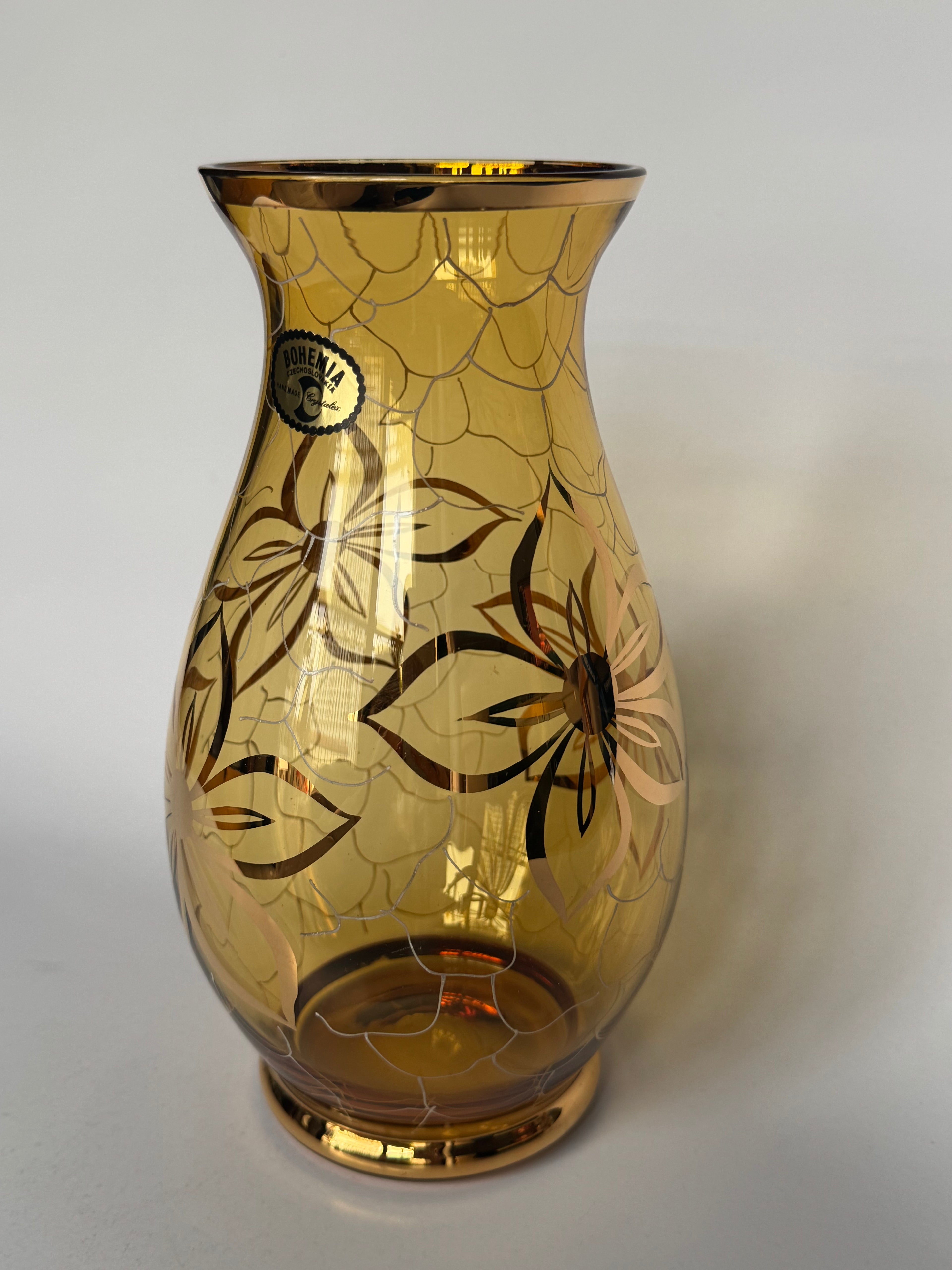 Bohemia Small Decorative Glass Vase – Czech Floral Etched Amber Crystal