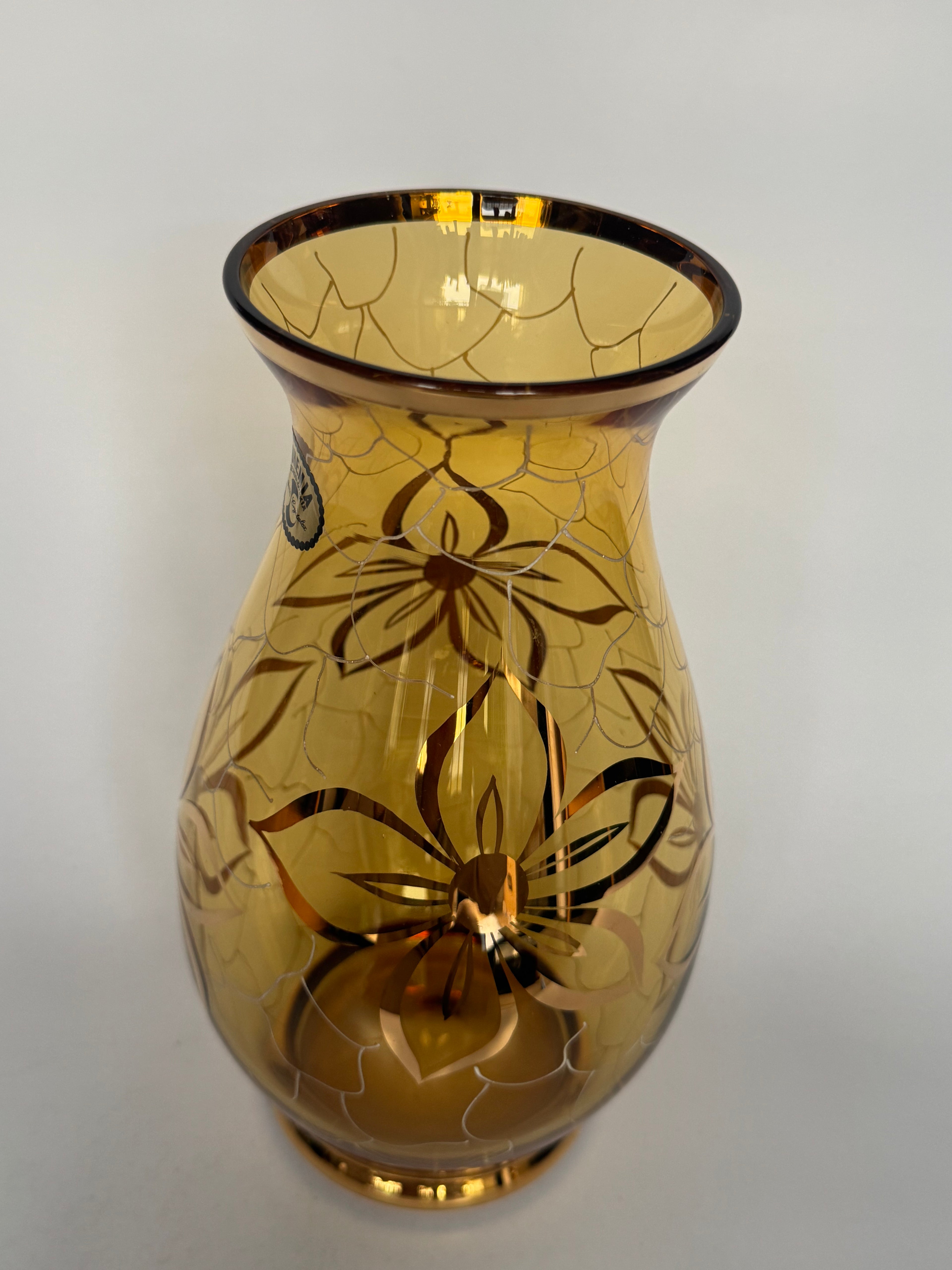 Bohemia Small Decorative Glass Vase – Czech Floral Etched Amber Crystal