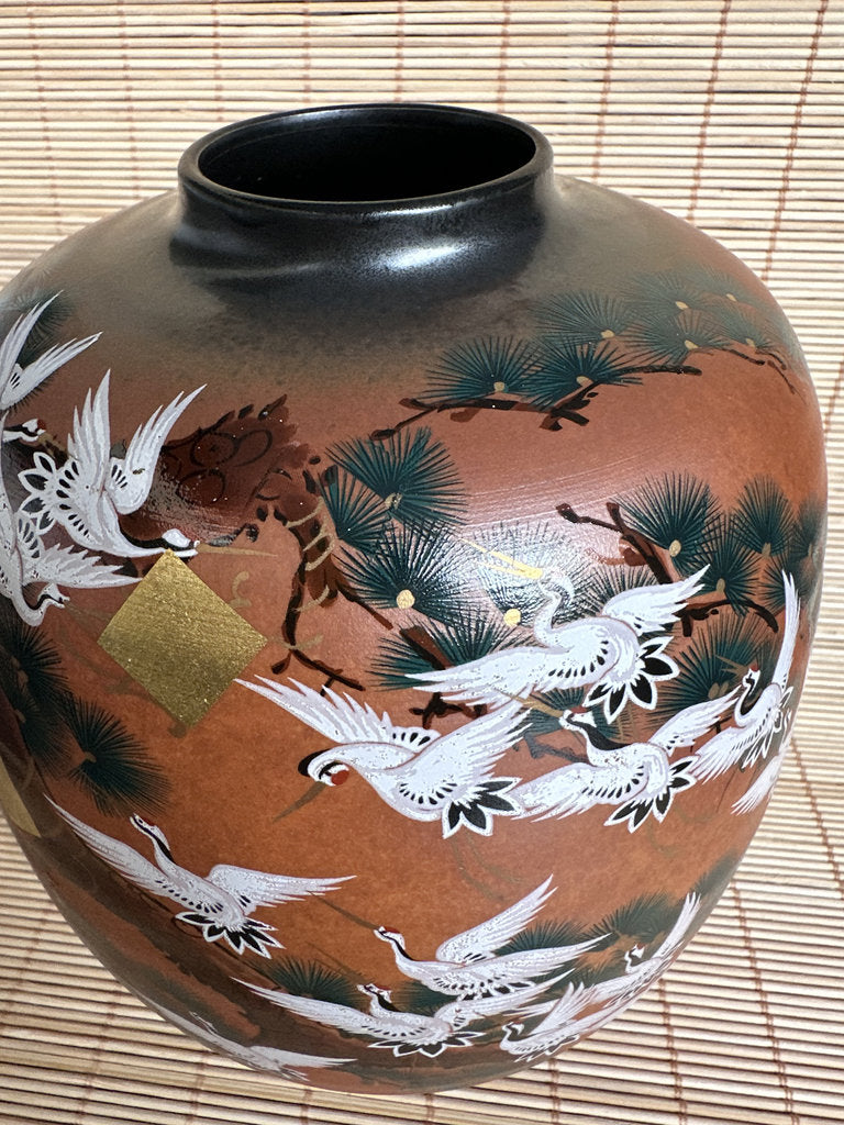 Vintage Kutani Vase, Japanese Crane and Pine Design, Gold Accent Ceramic