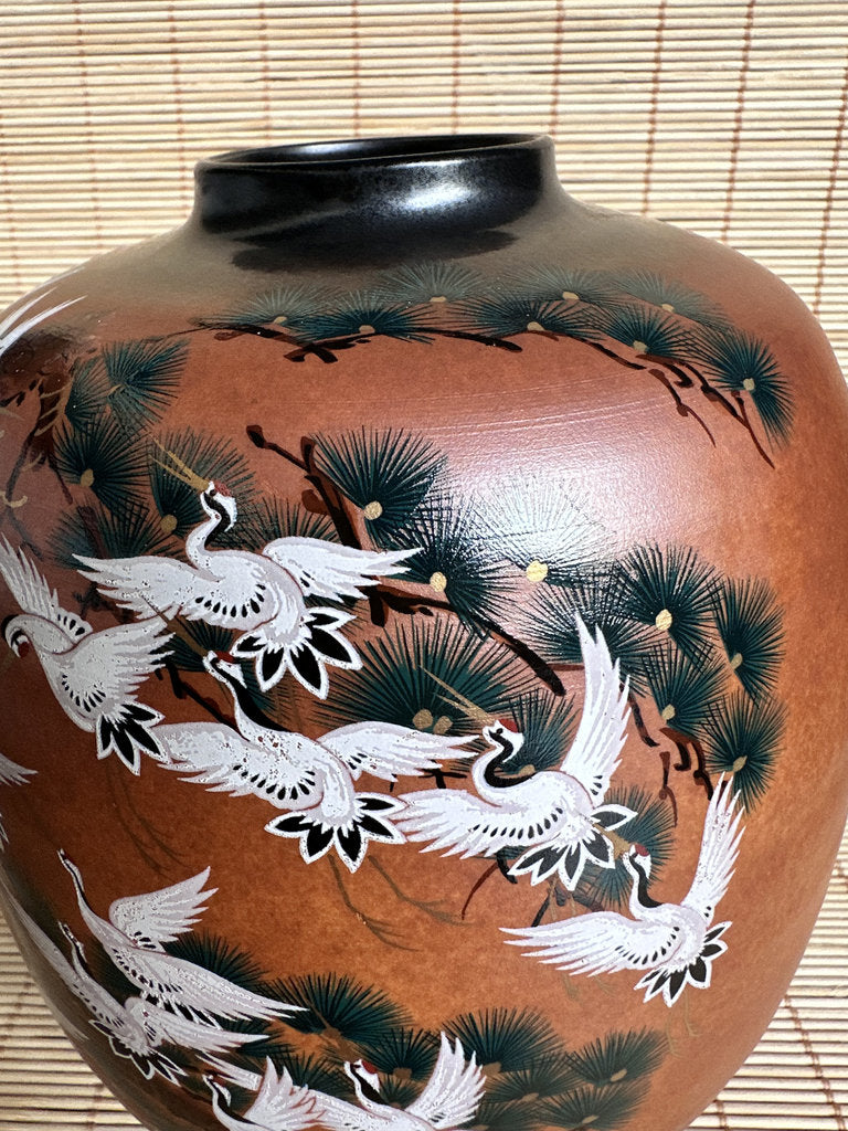Vintage Kutani Vase, Japanese Crane and Pine Design, Gold Accent Ceramic