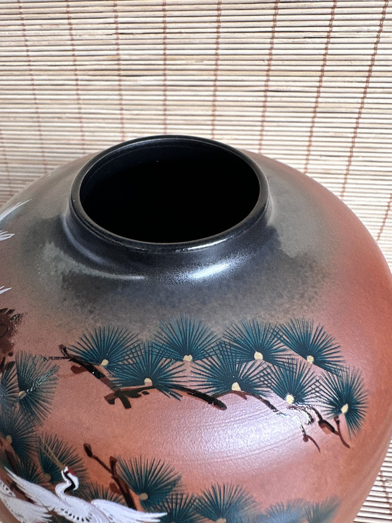 Vintage Kutani Vase, Japanese Crane and Pine Design, Gold Accent Ceramic