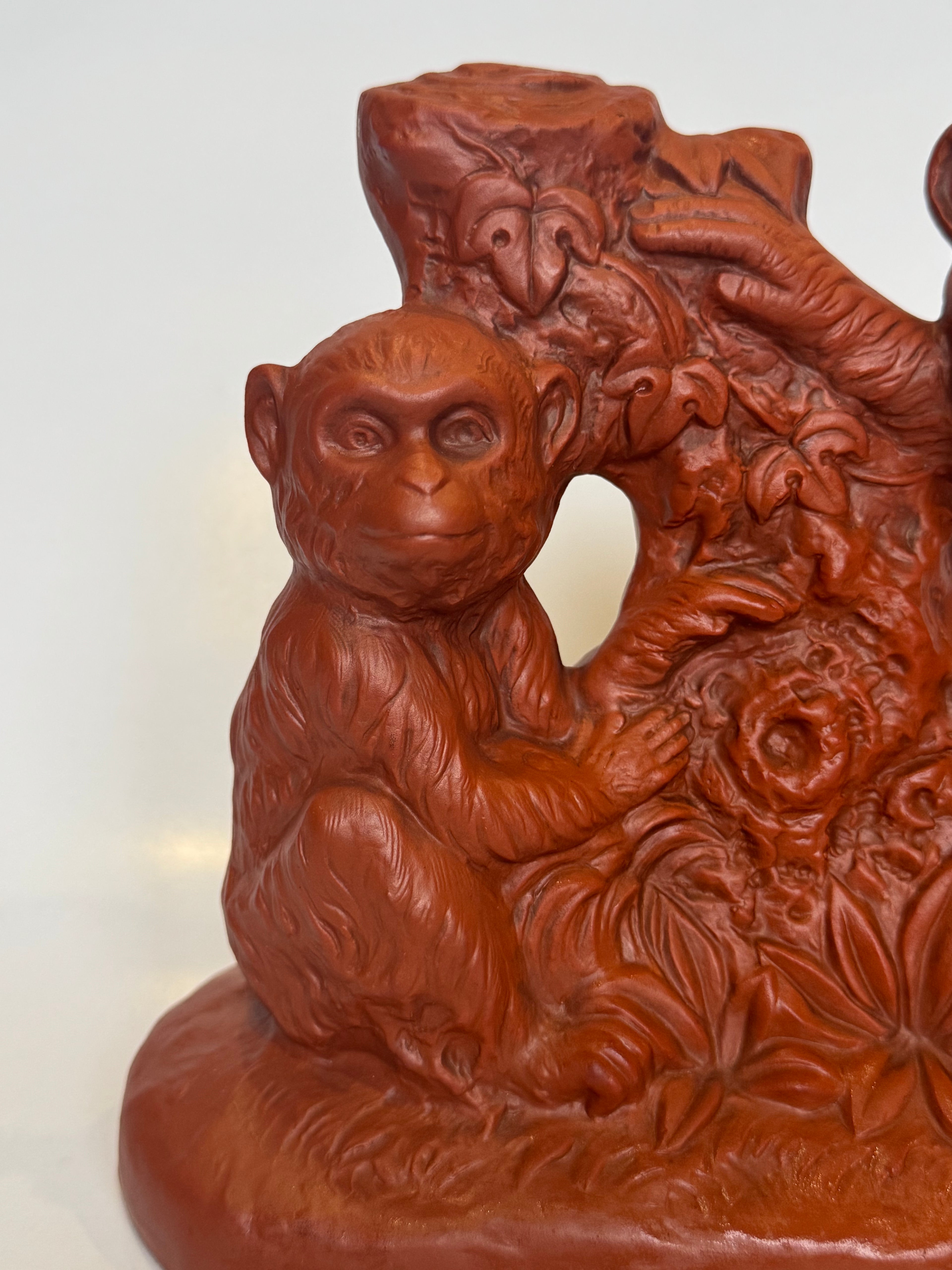 Japanese Ceramic Monkey Family Figurine – Handmade Red Clay Pottery Sculpture