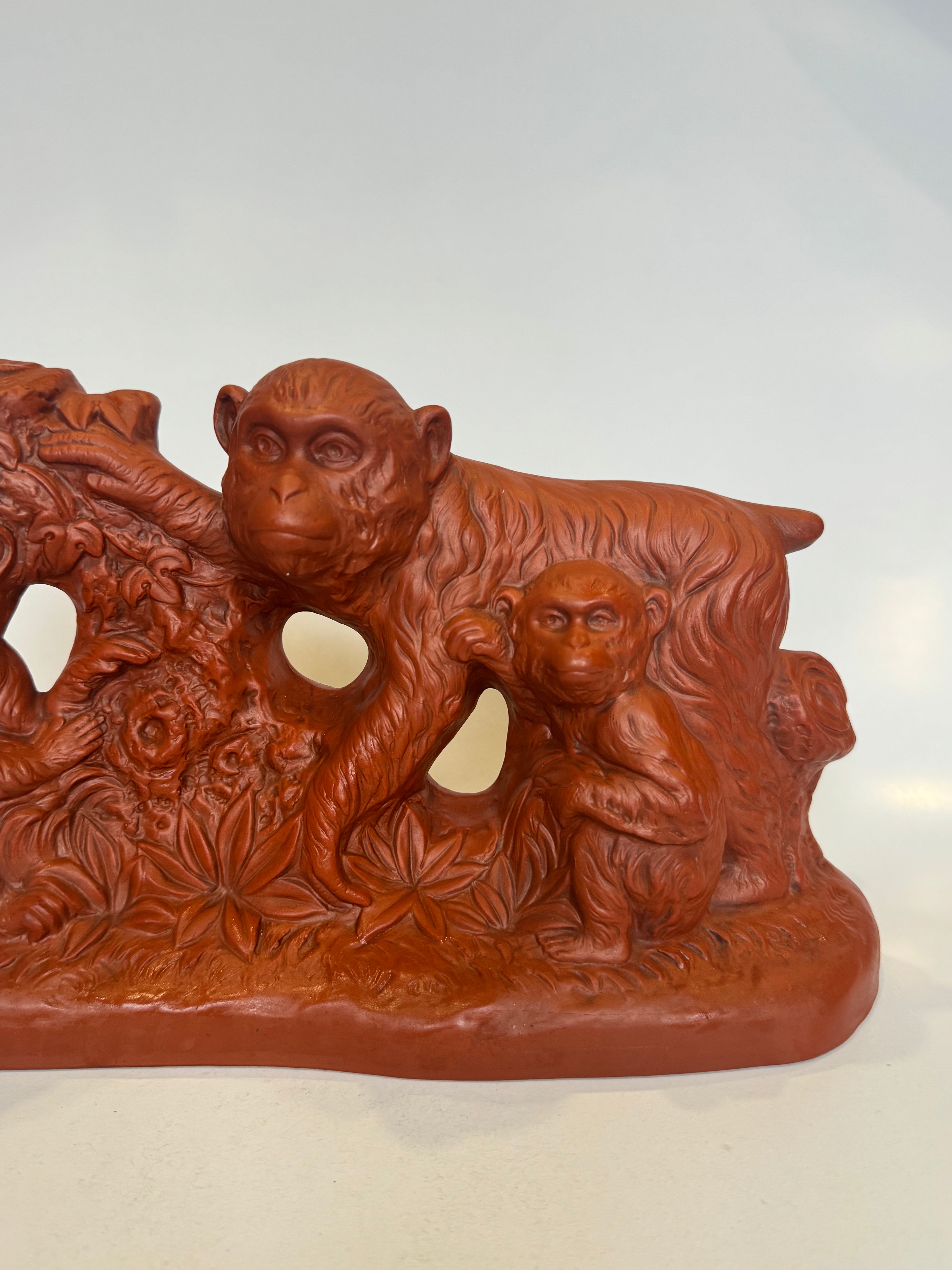 Japanese Ceramic Monkey Family Figurine – Handmade Red Clay Pottery Sculpture