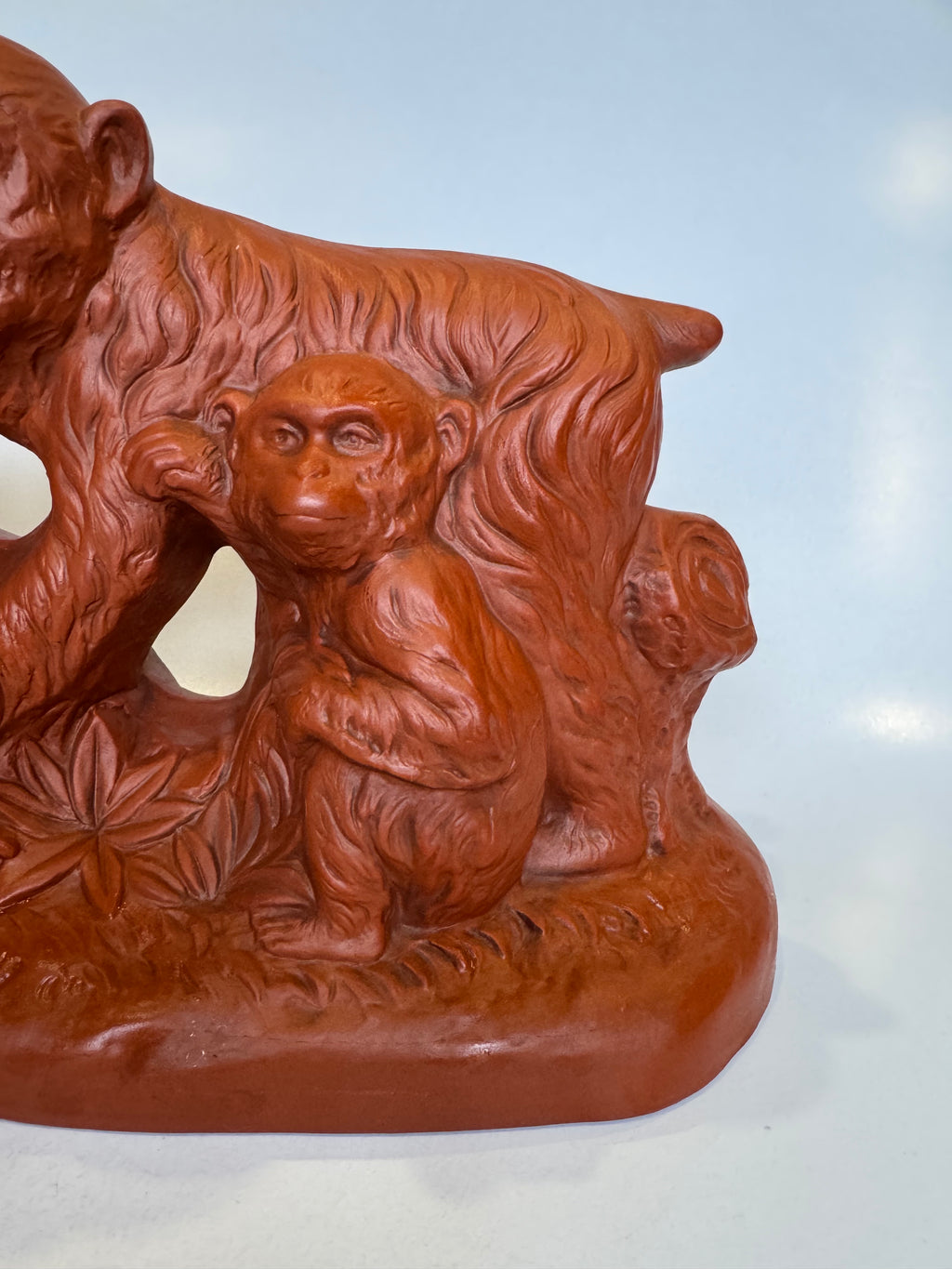 Japanese Ceramic Monkey Family Figurine – Handmade Red Clay Pottery Sculpture